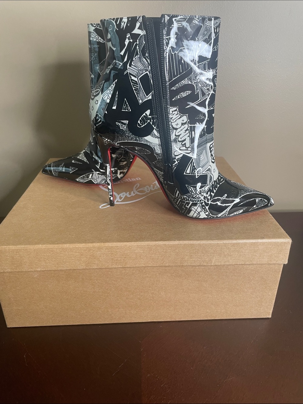 Christian Louboutin Black & White Graffiti Patent Leather Stiletto Ankle Boots